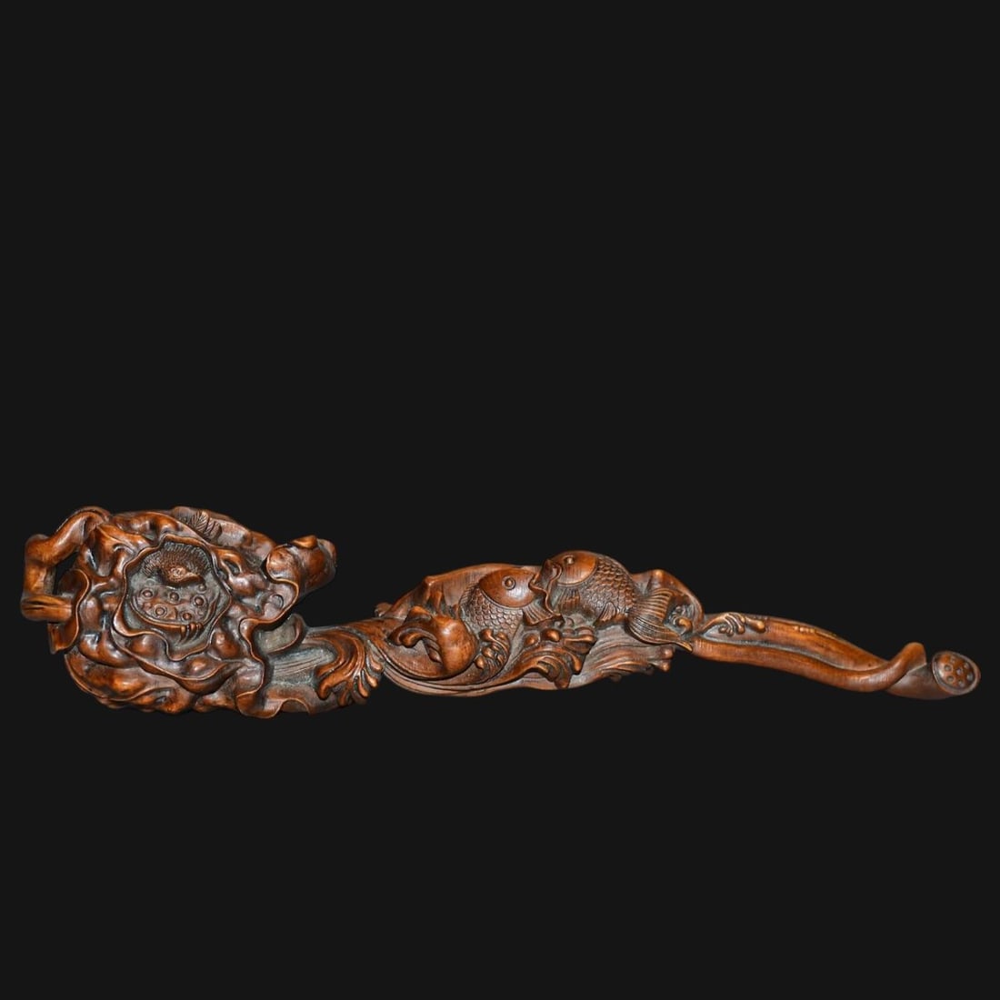 Old Tibetan Boxwood Lotus Goldfish Ruyi Scepter (1 of 4)