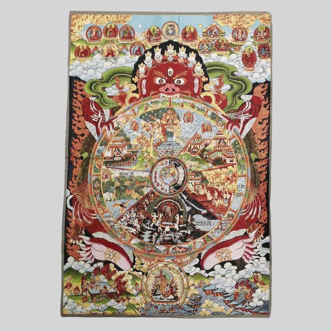 Chinese Buddhism Silk Karma Wheel Design Thangka (1 of 4)