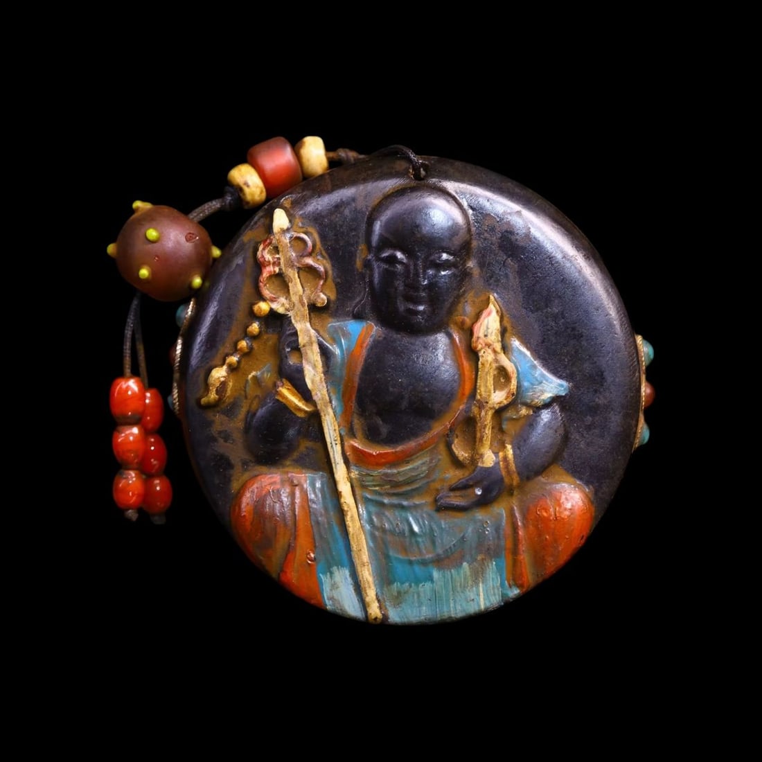 Meteorite Mosaic Beads Savior Bodhisattva Amulet: Size: Height 7 cm - Length 7 cm. Weight 500 g. Materials: Natural meteorite, mosaic gems, beads, tibetan silver (alloy of tin with copper or zinc). Condition: Appears to have a classic aesthetic. This