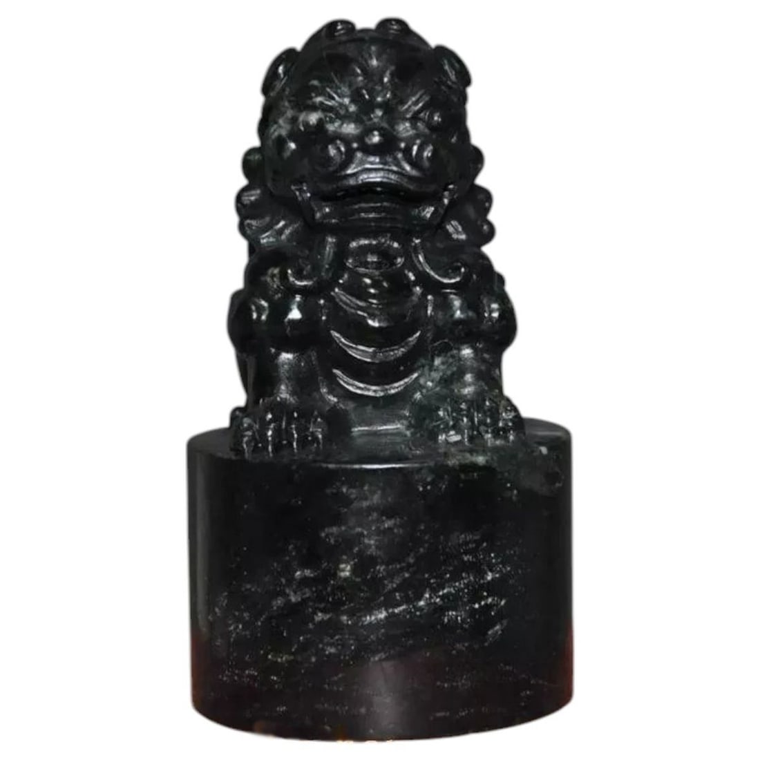 Dark Hue Jade Seal Foo Dog Hand-Carving Statuette (1 of 9)