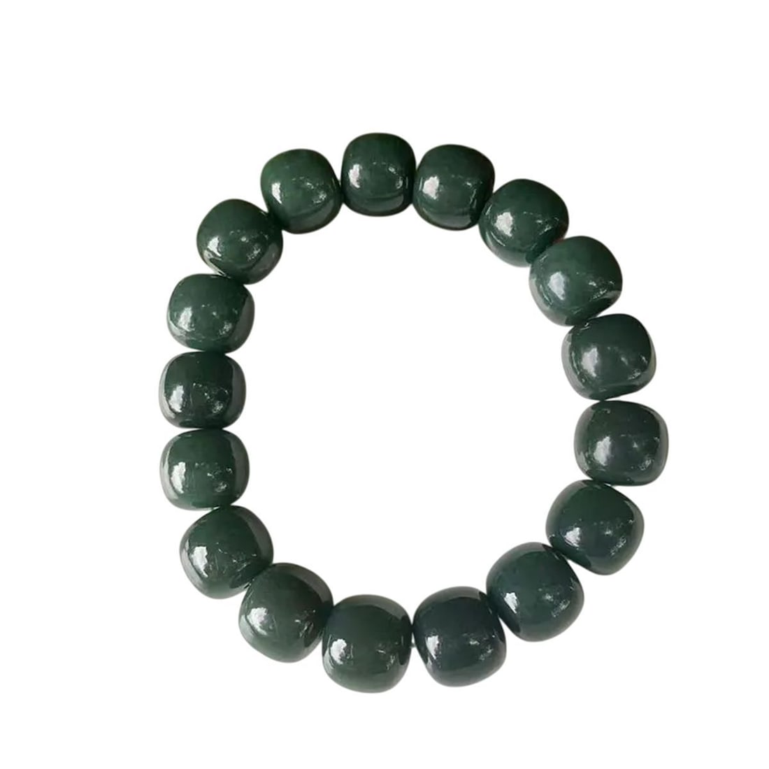 Hetian Jade Bracelet Polished Green Hue Beads: Size: Bead size 1.2 cm - Bracelet length 18 cm. Weight 43-45 g. Materials: Hetian jade. Condition: Excellent. This elegant traditional-style bracelet features polished Hetian jade beads, celebrated fo