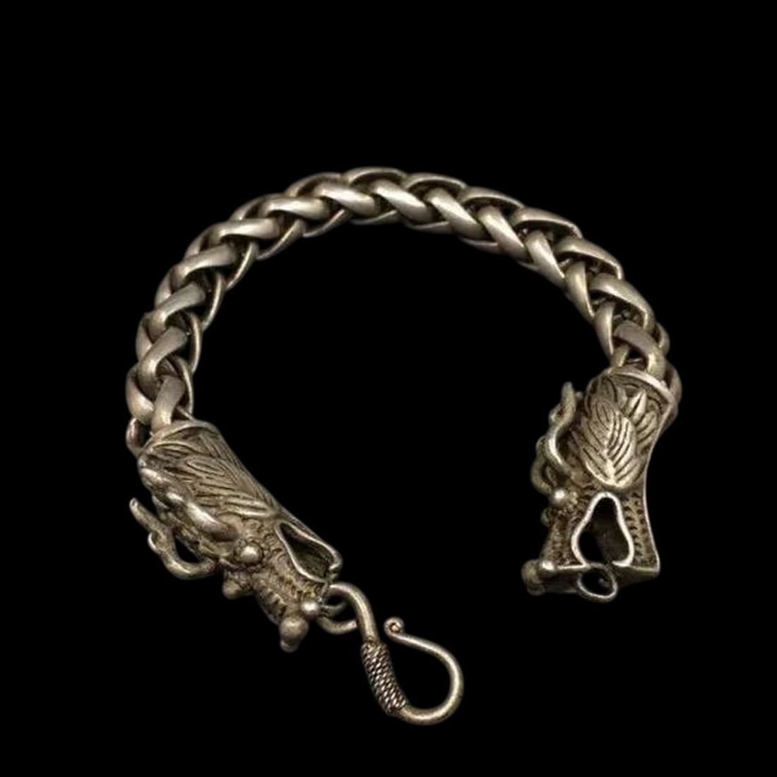Tibetan Silver Dragon Head Bracelet Braided Chain (1 of 2)
