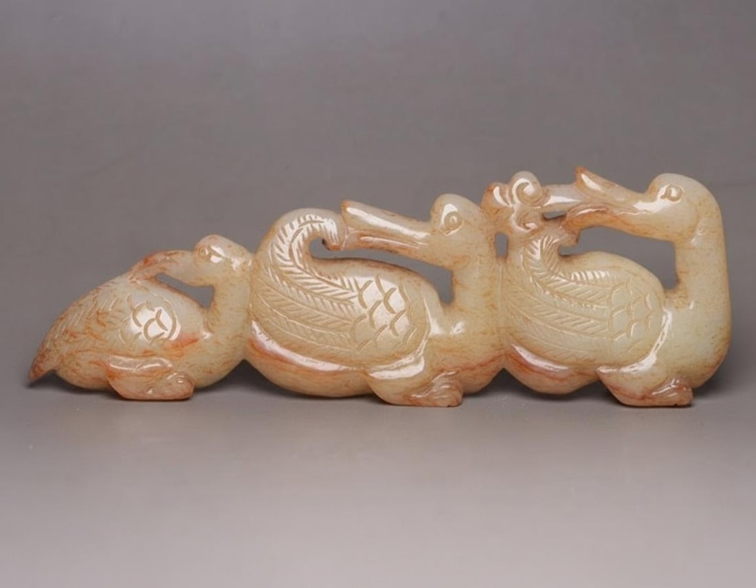 Three Birds Hand Carved White Jade Figurine Statue: Size: Height 12 cm - Length 4 cm - Width 1.5 cm. Weight 0.2 kg. Materials: Hetian jade. Condition: Appears to have a classic aesthetic. This retro-style statuette is carved from Hetian jade, depicting
