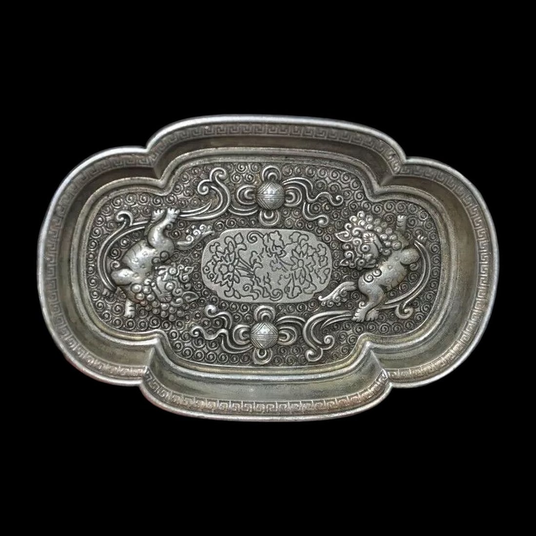 Asian Tibetan Silver Hand-Carved Beast Motif Plate (1 of 4)