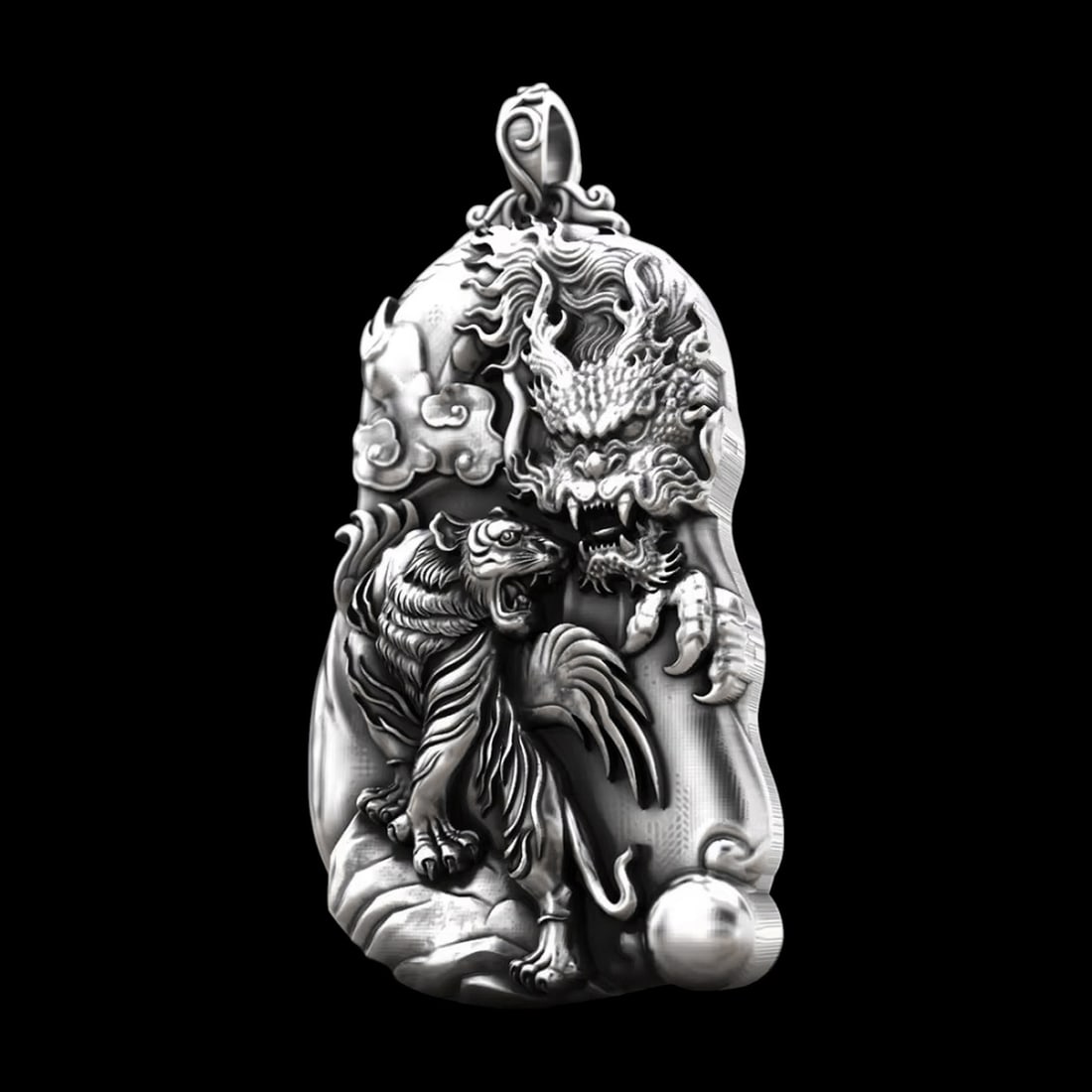 Pure Silver Chinese Dragon Tiger Relief Pendant: Size: Height 4.8 cm - Length 3.3 cm. Weight 42 g. Materials: S999 Sterling silver. Condition: New. This pure silver pendant beautifully showcases the powerful symbolism of both the dragon and the tige