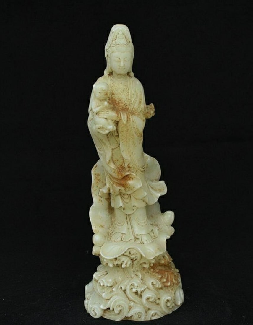 Retro Standing Guanyin Statue White Jade Carving (1 of 7)