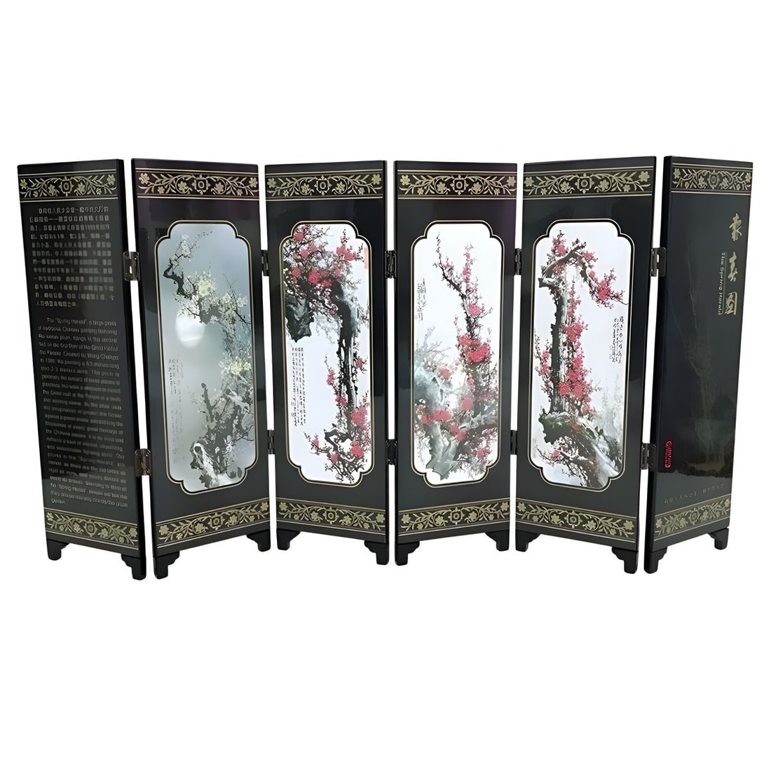 Folding Screen Red Plum Tree Motif Golden Frames: Size: Height 24 cm - Length 48 cm - Width 0.6 cm. Number of panels 6 units. Materials: Wood. Condition: New. This stunning 6-panel folding screen features vivid hand-painted images of a blossoming red