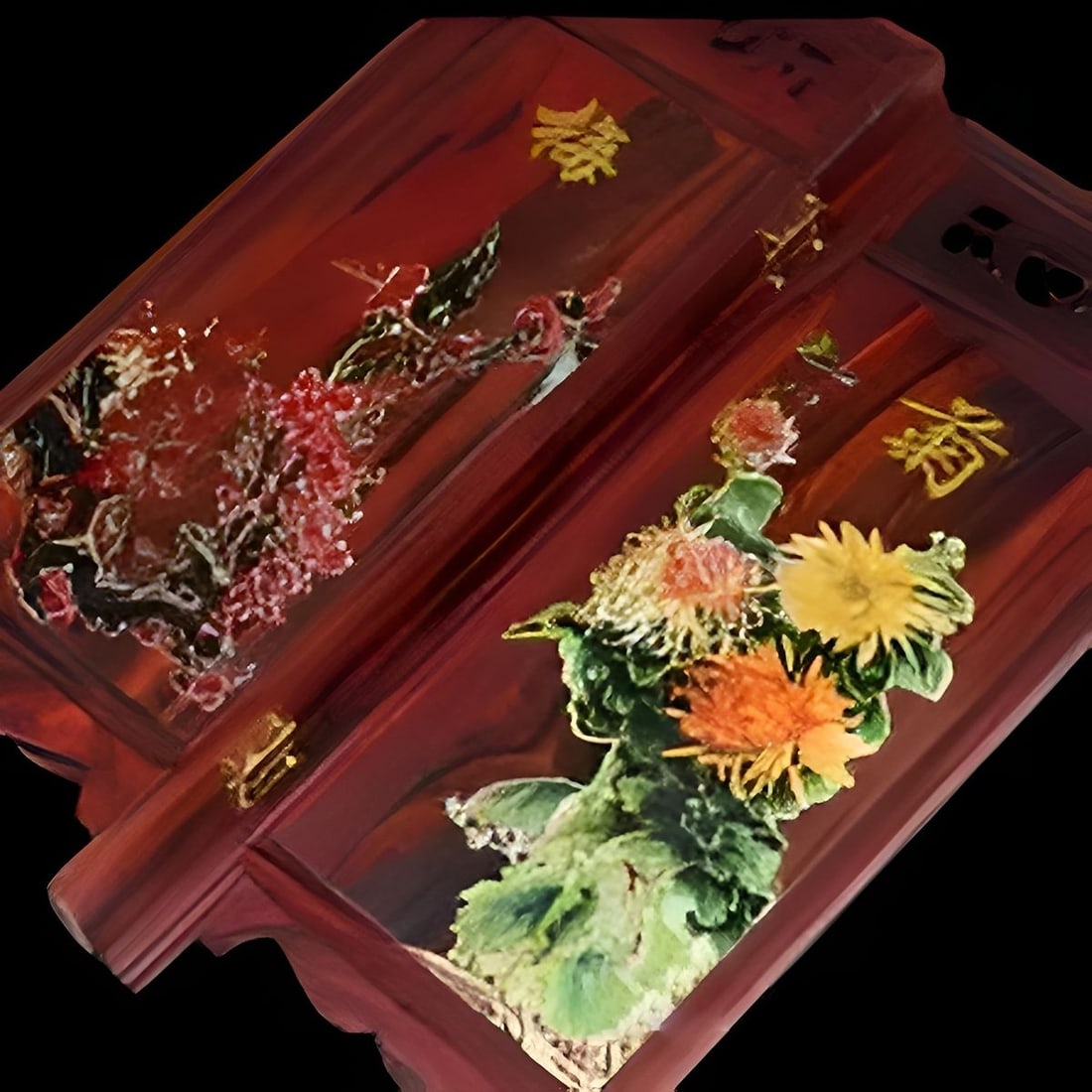 Rosewood Folding Screen Four Seasons Flowers Motif - 2