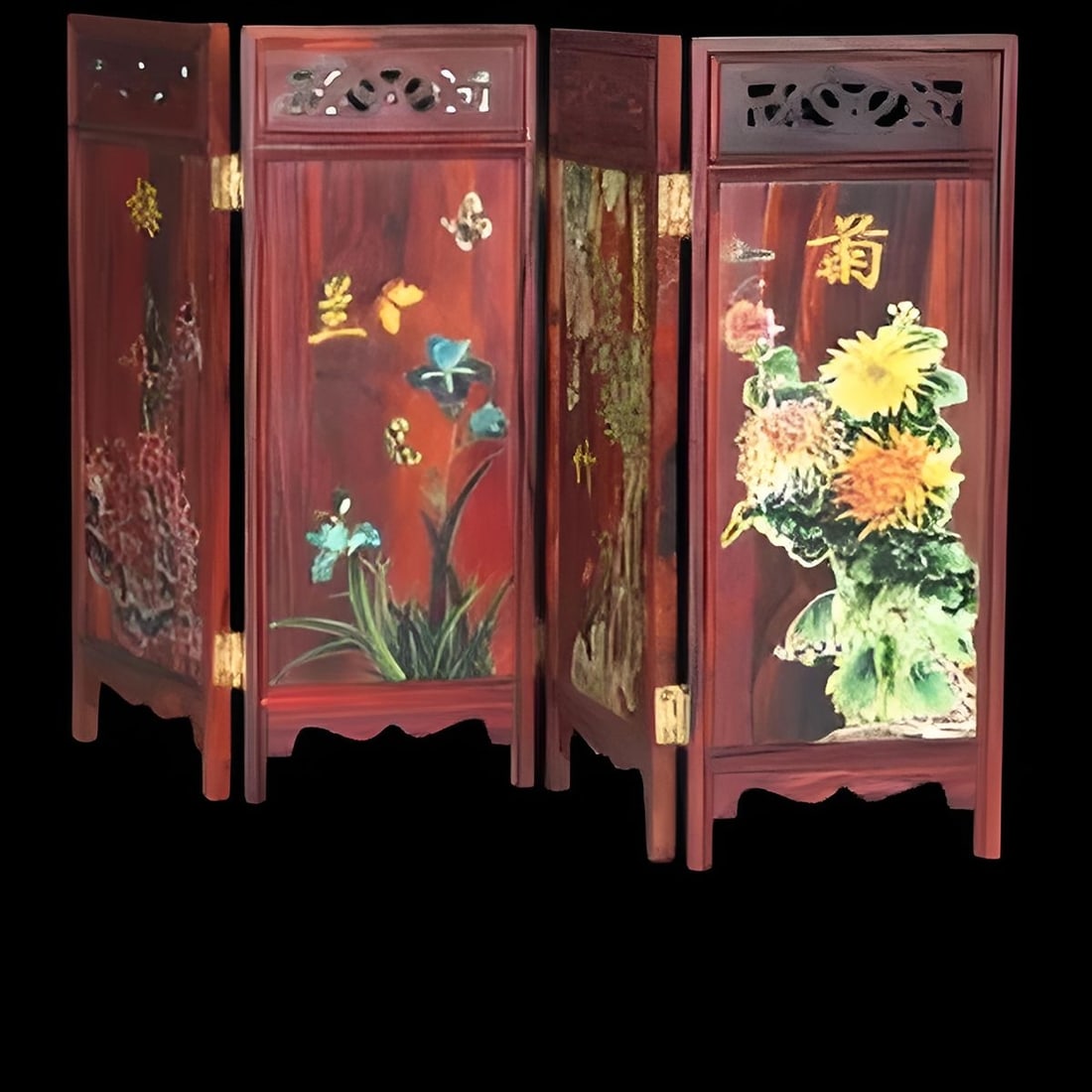 Rosewood Folding Screen Four Seasons Flowers Motif - 3