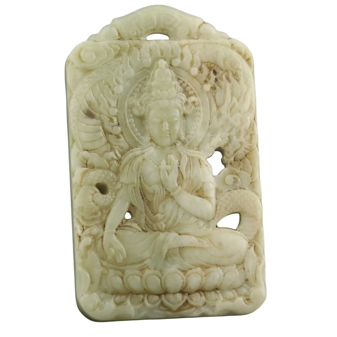 Retro-Inspired White Jade Buddha Relief Pendant: Size: Height 8.9 cm - Length 5.3 cm - Width 1 cm. Weight 90 g. Materials: Jade. Condition: Looks like vintage. This retro-inspired pendant features a beautifully detailed Buddha relief, carved from sm