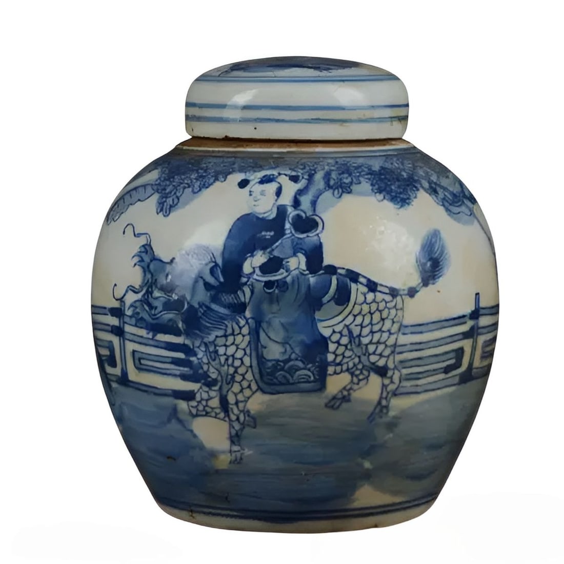 Blue White Traditional Beast Kylin Motif Jar Pot: Size: Height 14 cm - Top Diameter 5 cm - Belly Diameter 12 cm - Bottom Diameter 7 cm. Materials: Ceramic, porcelain. Condition: Looks like vintage. This beautifully crafted blue and white porcelain ja