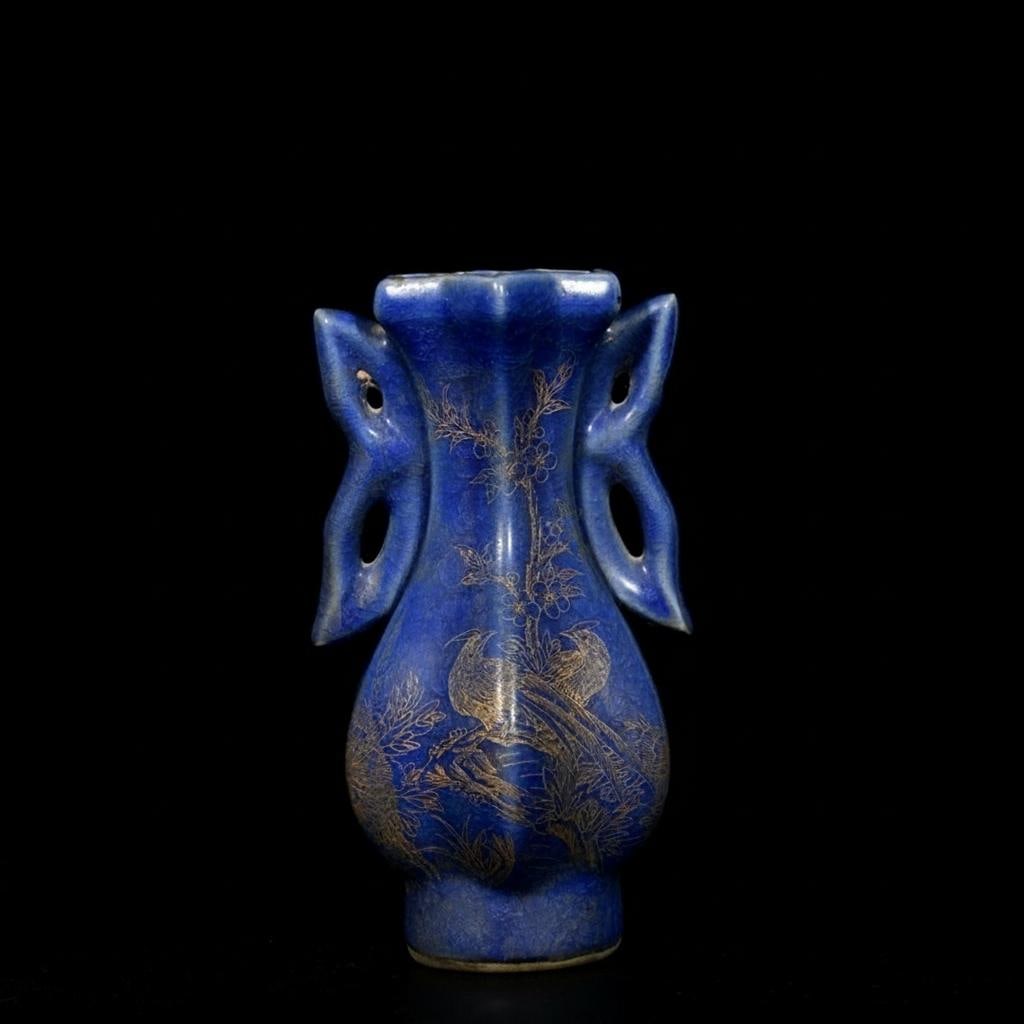 Gilt Birds Motif Blue Porcelain Vase Jar Vessel (1 of 9)