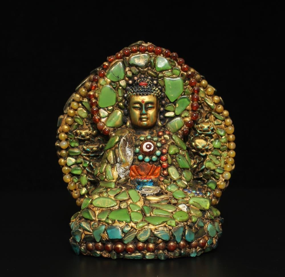 Mosaic Gems Inlaid Thangka Pendant Amulet Statue (1 of 11)