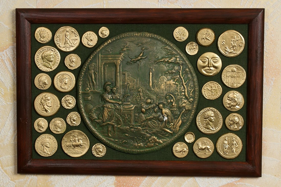 Gold Coin denarius Caesar, Augustus, Nero, Trajan, Aurelius: Museum Framed Collection of Ancient Roman Gold Coin denarius– Caesar, Emperors, Mythology This impressive wall-mounted set features 30 detailed replicas of ancient denarii beautifully arranged aroun