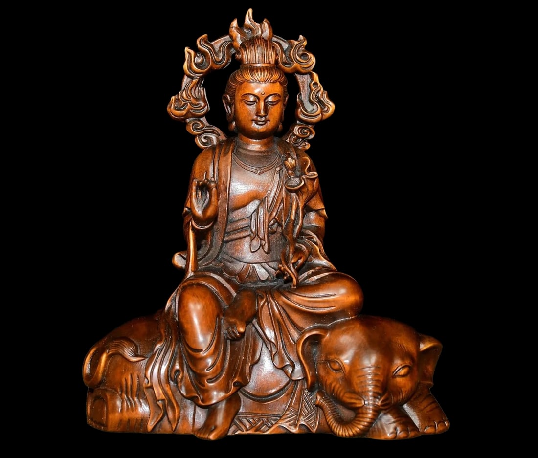 Handmade Boxwood Samantabhadra Bodhisattva Statue (1 of 6)