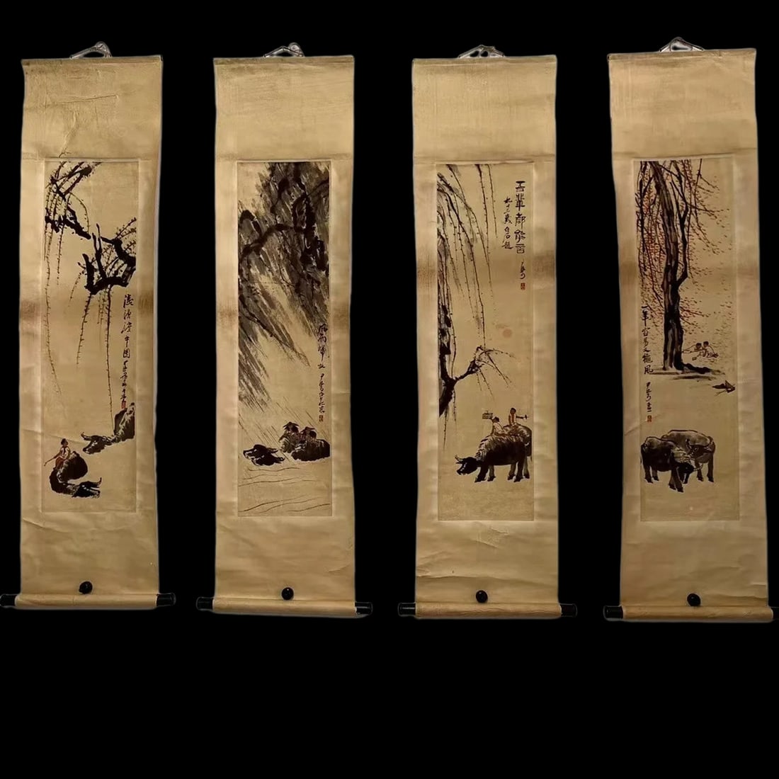 Four Panel Cattle Ink Wash Painting Scroll Set (1 of 7)