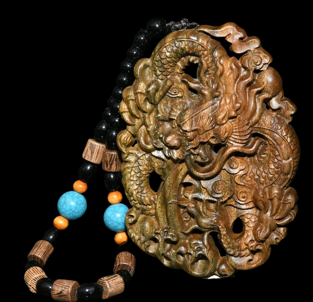 Hand Carved Asian Pendant Dragon Wooden Netsuke (1 of 3)