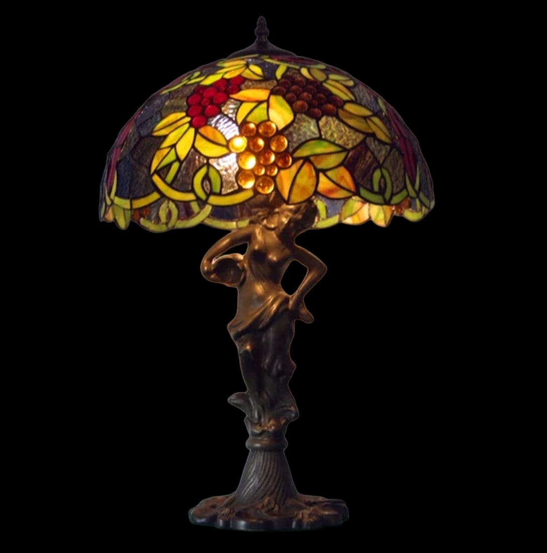 Resin Lady Base Tiffany Stained Glass Grape Lamp (1 of 2)