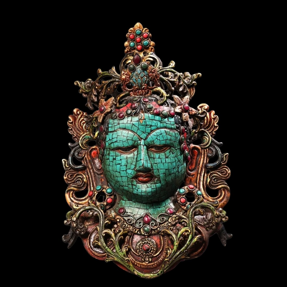 White Tara Turquoise Mosaic Bronze Buddha Mask (1 of 4)