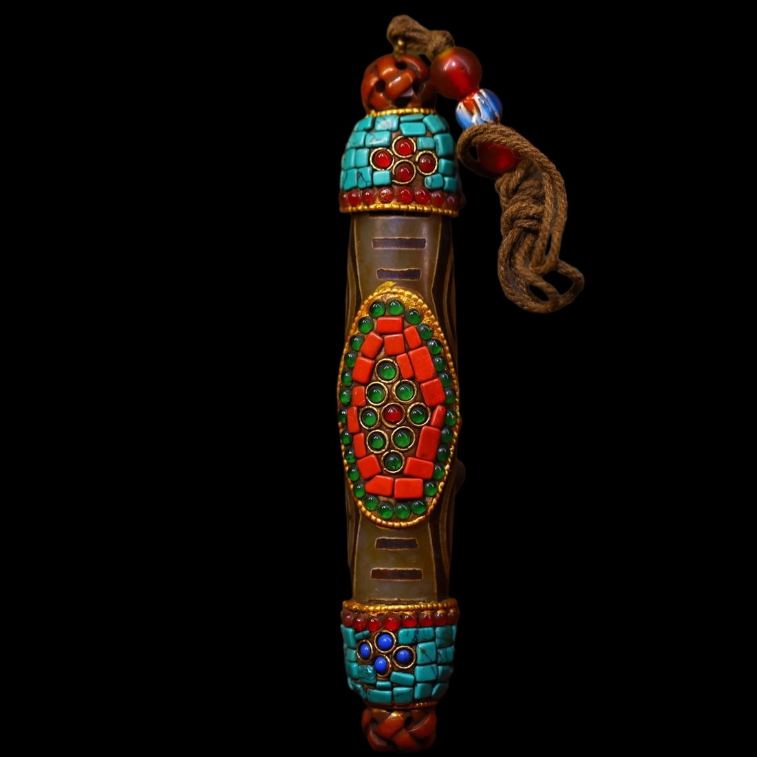 Retro Agate Dzi Bead Turquoise Mosaic Inlay Amulet (1 of 3)