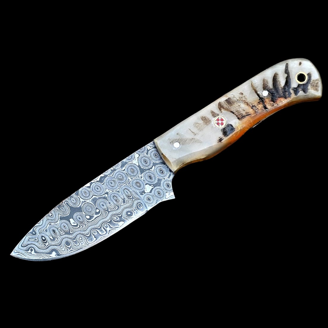 Hand Forged Ram Horn Raindrop Damascus Steel Knife (1 of 3)
