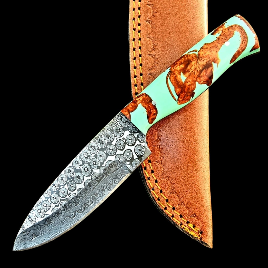 Custom Rain Drop Damascus Light Green Resin Knife (1 of 3)