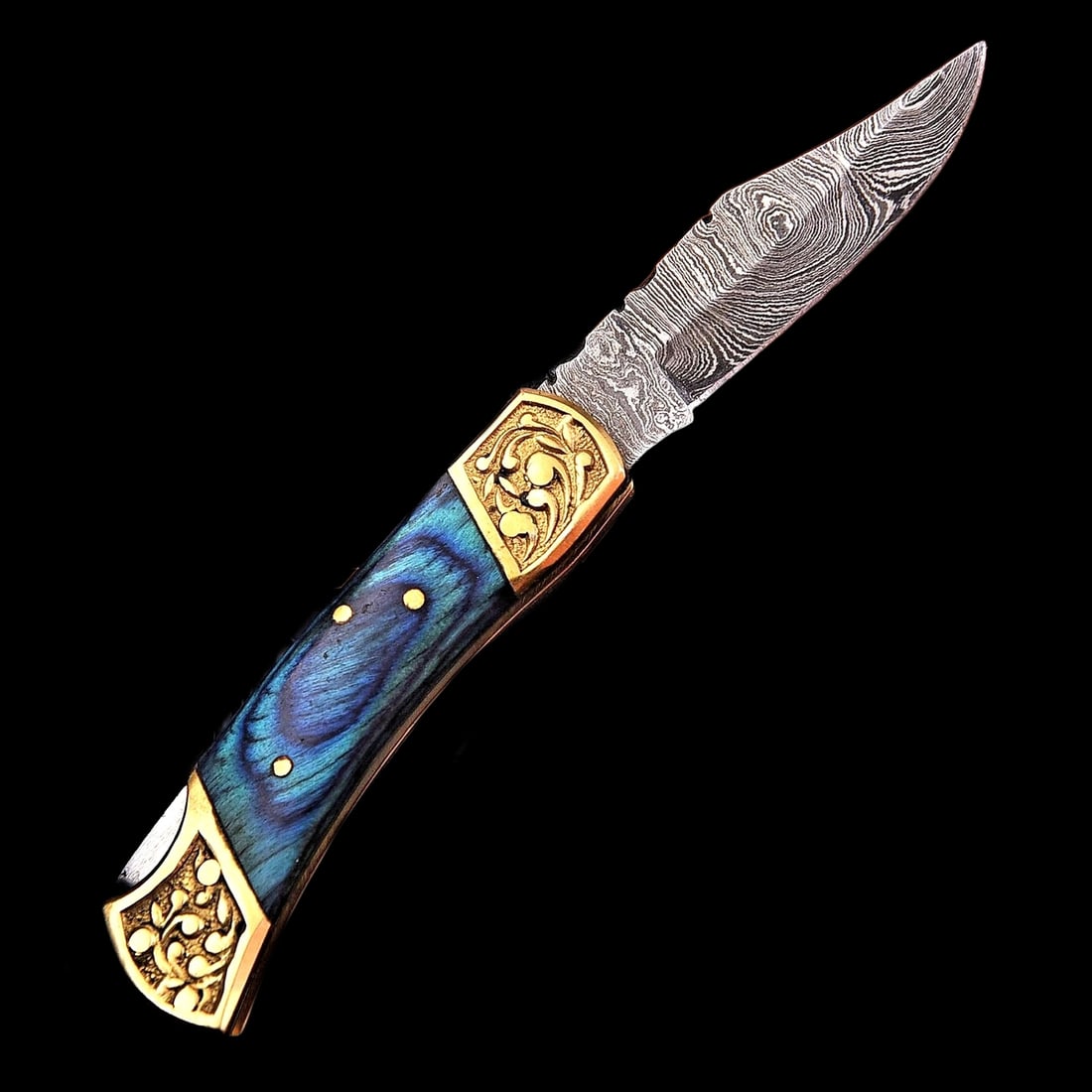 Hand Forged Hunting Damascus Blue Folding Knife (1 of 5)