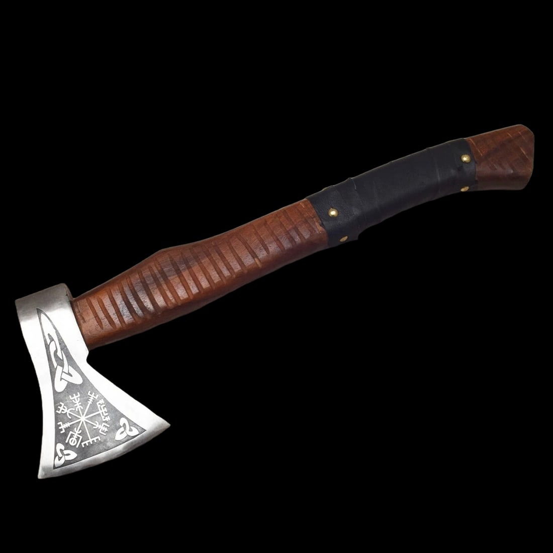 Custom Carbon Steel Viking Compass Tomahawk Axe: Size: Overall length 45.7 cm. Materials: Carbon steel, wood, leather. Condition: New. This tomahawk axe is a custom-made tool, hand-forged from carbon steel. The axe head features intricate etched des