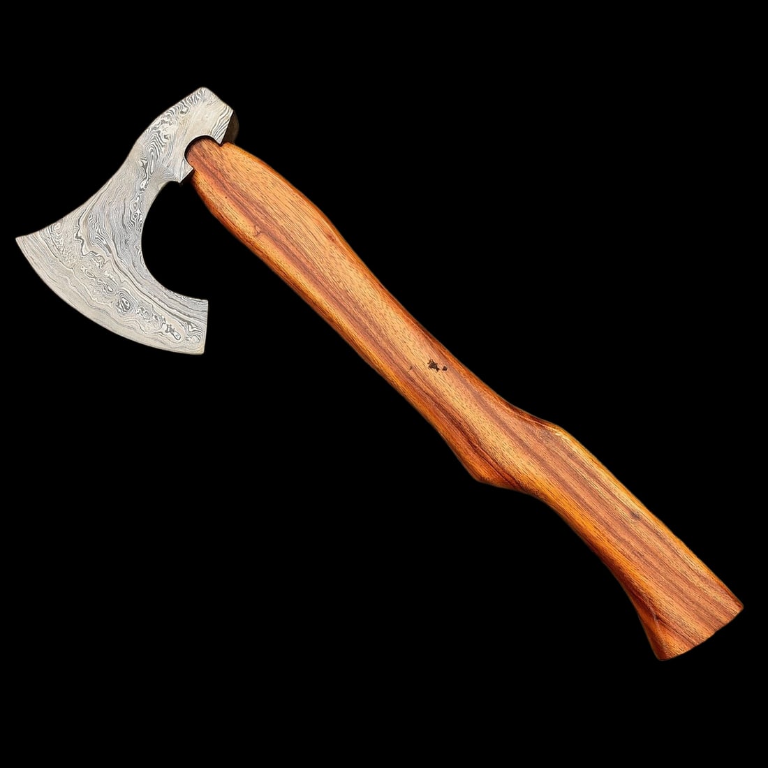 Bearded Custom Damascus Viking Camping Hatchet: Size: Overall length 50.8 cm - Cutting blade length 16.5 cm - Head size 17.8 cm. Materials: Damascus steel, natural wood, leather. Condition: New. This Viking hatchet is a custom-made tool, hand-forge