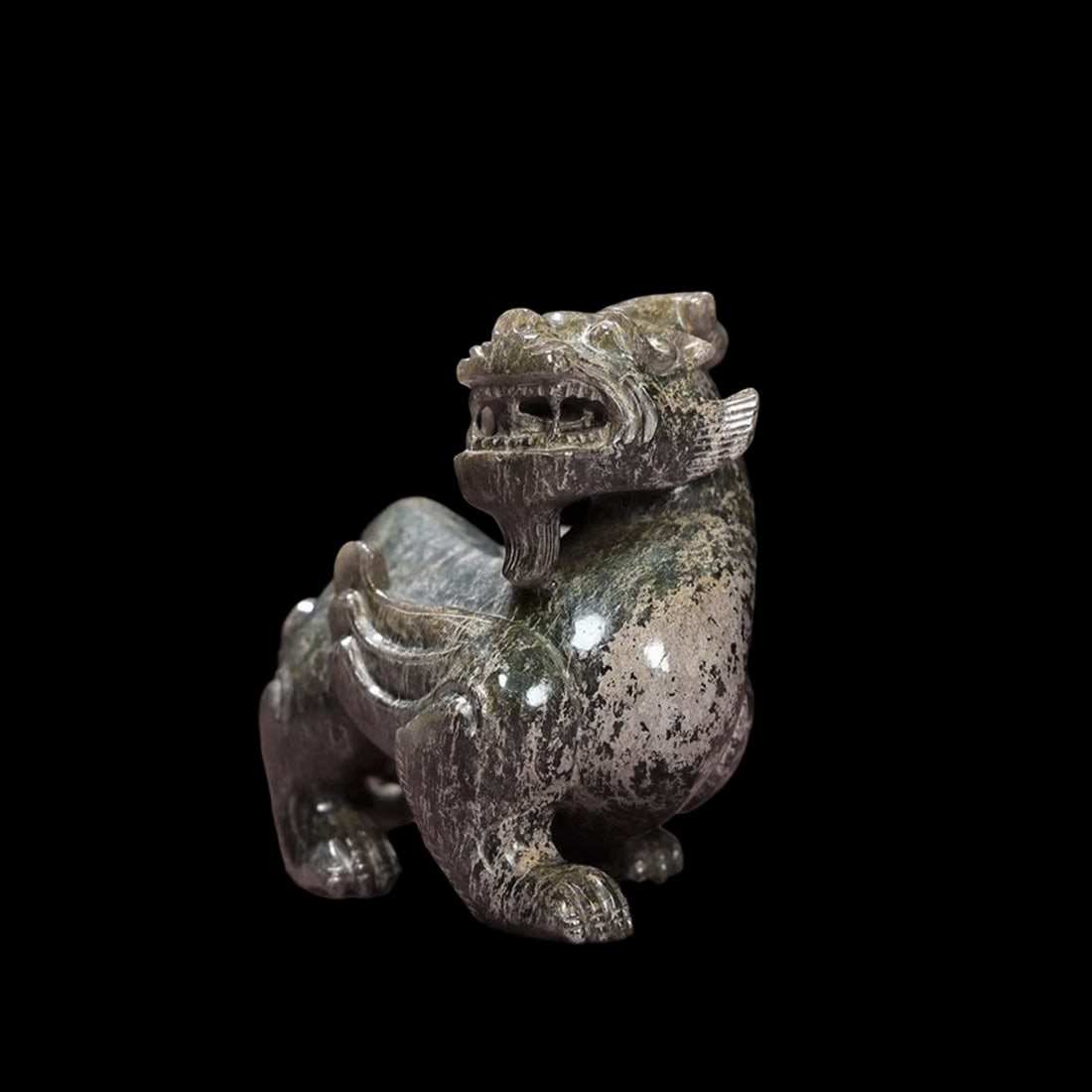 Mottled Green Hetian Jade Winged Pixiu Statue (1 of 7)