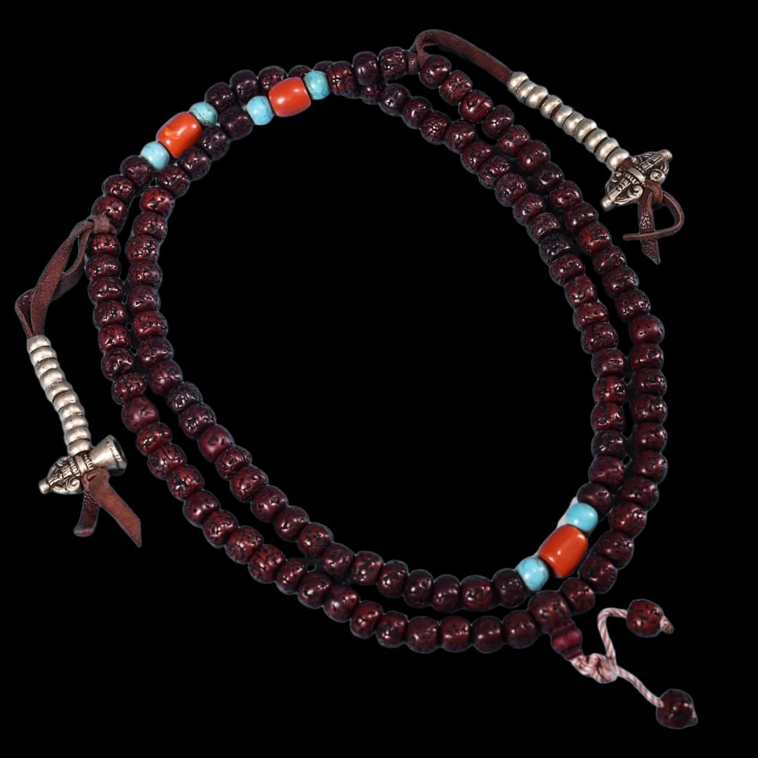 Mystic Necklace Protection Beads Eastern Style: Size: Length 50 cm - Width 1.0 cm. Weight 0.45 kg. Materials: Rudraksha, bronze, mosaic gems. Condition: Resembles a retro aesthetic. This piece is fashioned in the manner of a traditional sacred mala