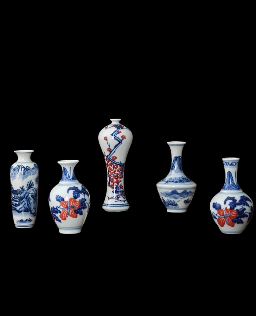 Set 5 White Porcelain Vases Asian Style Red Flower (1 of 6)