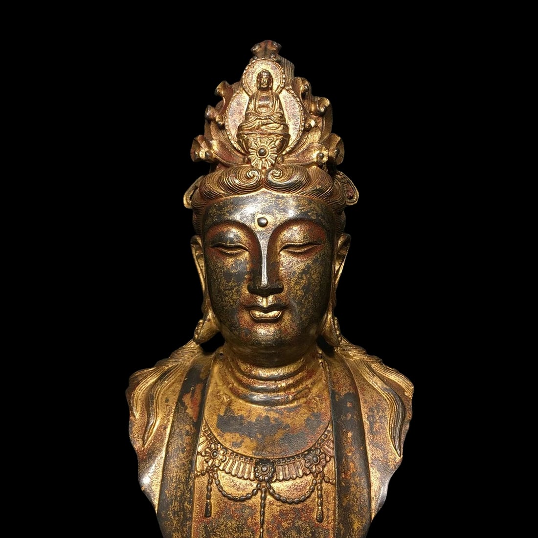 Gilded Bronze Amitabha Crown Guanyin Goddess Bust (1 of 5)