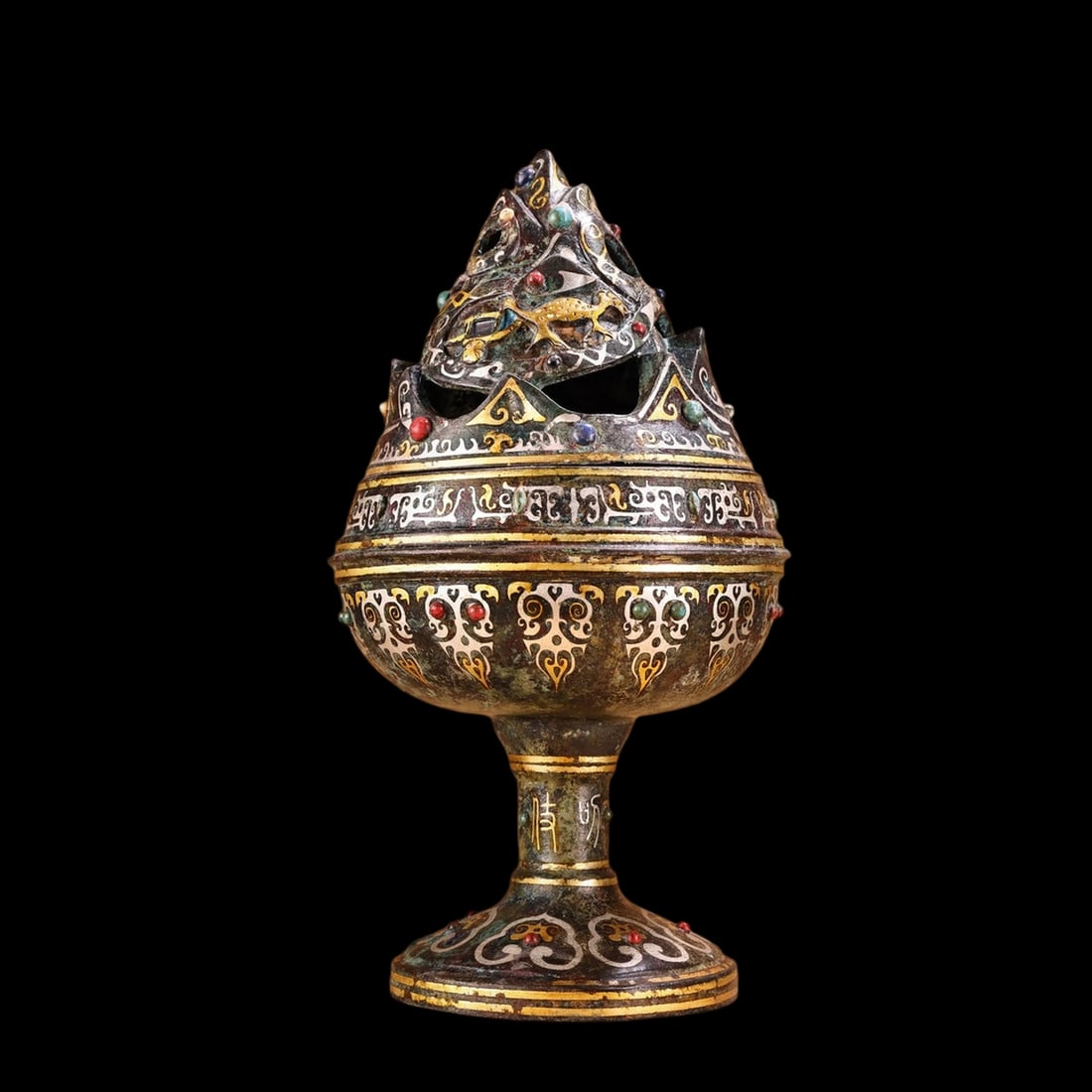 Antique Style Tibetan Bronze Mosaic Burner Incense: Size: Height 29 cm - Length 15 cm. Weight 2.45 kg. Materials: Bronze, mosaic gem, turquoise. Condition: Excellent. This magnificent Tibetan folk incense burner is a masterpiece of Himalayan