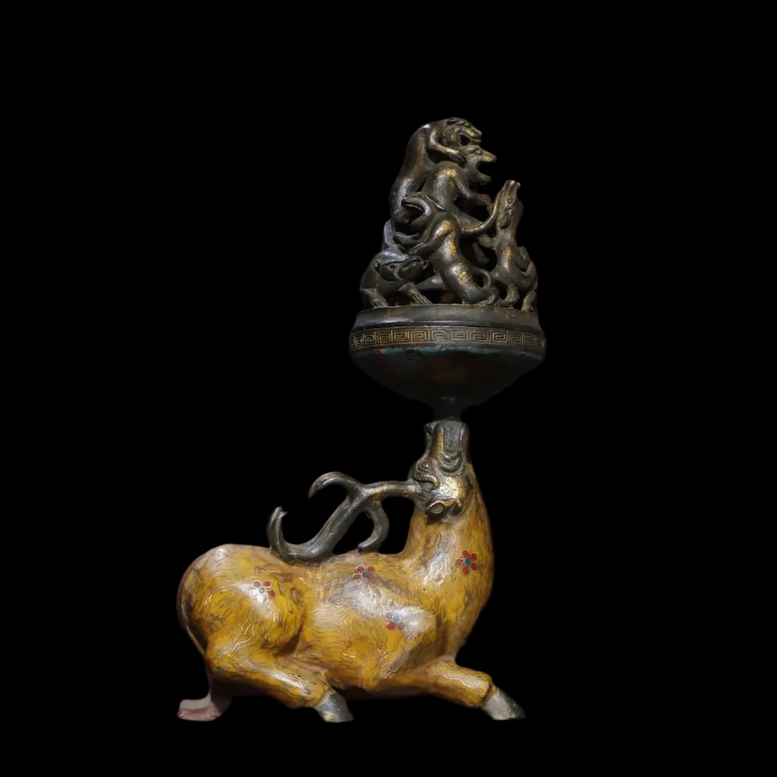 Archaic Style Bronzed Deer Enamel Tibetan Burner: Size: Height 30 cm - Length 16 cm - Width 8 cm. Weight 2.9 kg. Materials: Bronze, cloisonne enamel. Condition: Excellent. This exquisite censer depicts a graceful spotted deer supporting a