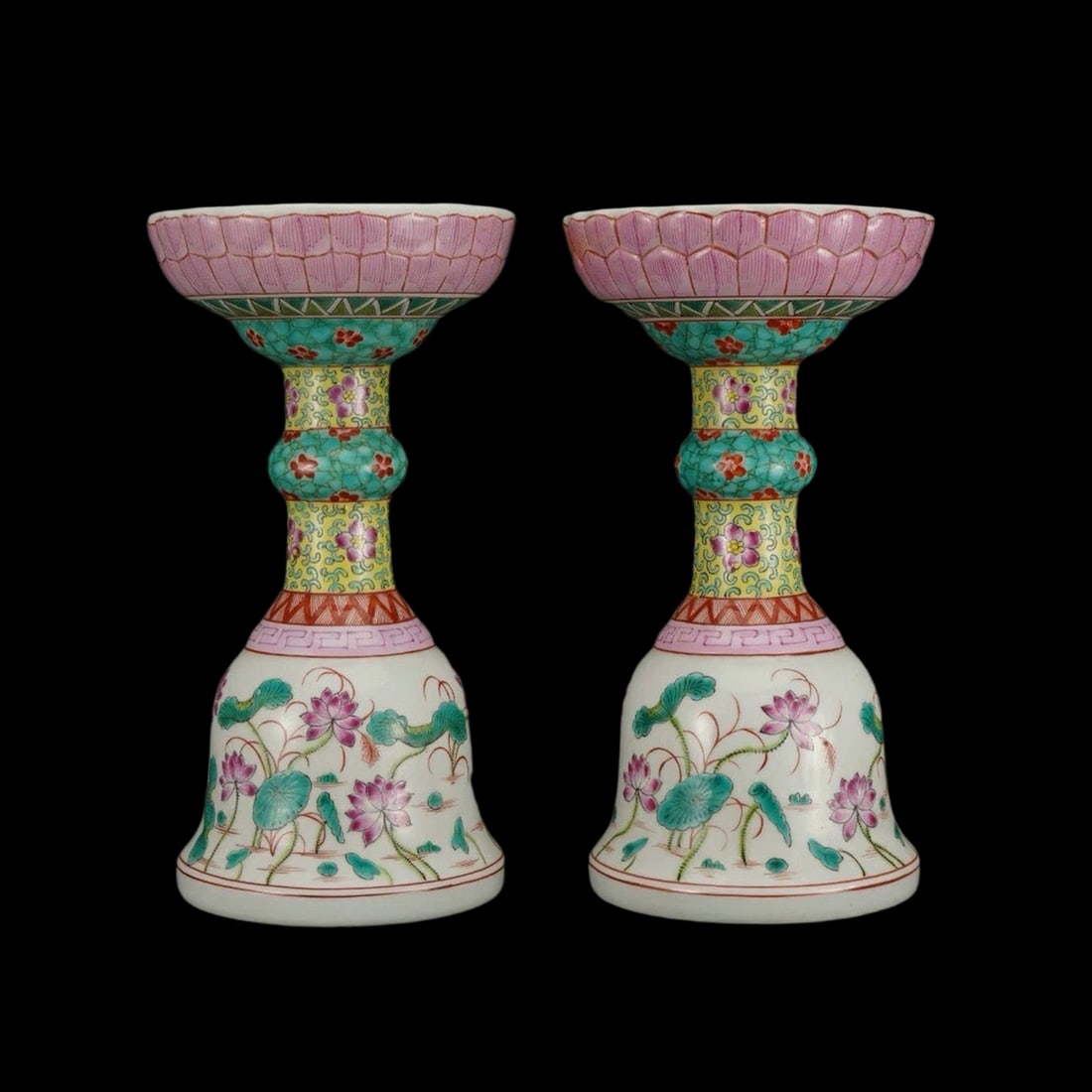 Old Style Hand Work Lotus Candle Holders Pair: Size: Height 25.4 cm - Length 13.2 cm - Width 13.2 cm. Weight 4 kg. Materials: Porcelain. Condition: Looks like vintage. This stunning pair of candlesticks is crafted from exquisite pastel porcelain