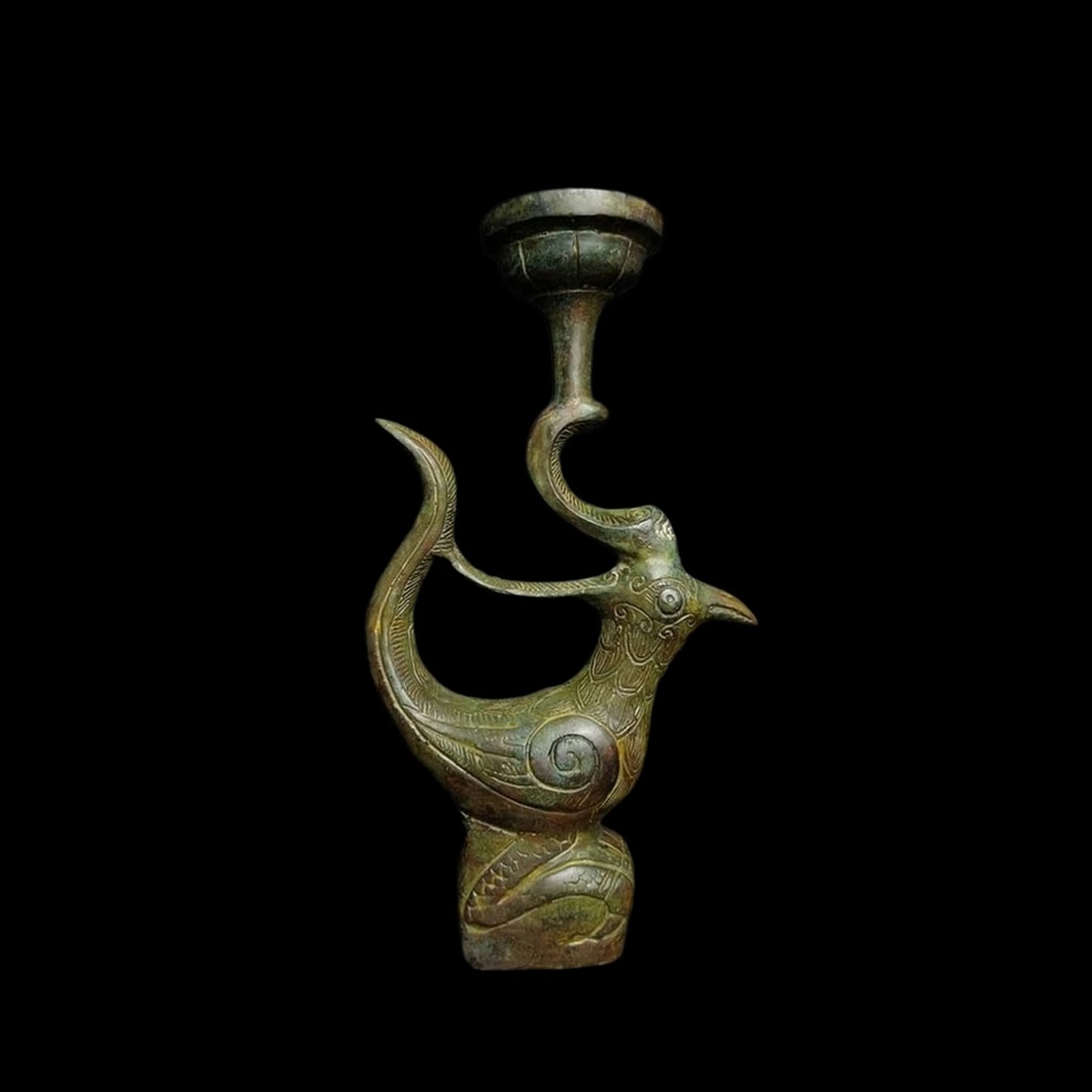 Asian Mythic Bronze Candlestick Celestial Phoenix: Size: Height 36 cm - Length 21 cm. Weight 2.7 kg. Materials: Bronze. Condition: Resembles a retro aesthetic. This majestic bronze candlestick is cast in the shape of the sacred phoenix bird, a legenda