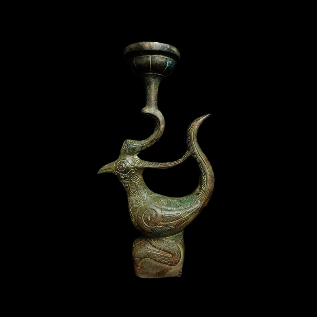 Asian Mythic Bronze Candlestick Celestial Phoenix - 3