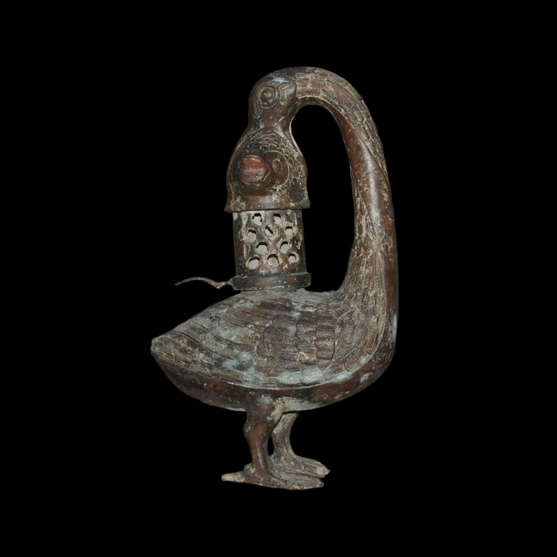 Antique Style Bronzed Guse Fish Candle Holder: Size: Height 32.5 cm - Length 21 cm - Width 9 cm. Weight 2.6 kg. Materials: Bronze. Condition: Appears to have a classic aesthetic. This unique and tall bronze candlestick is cast in the traditional