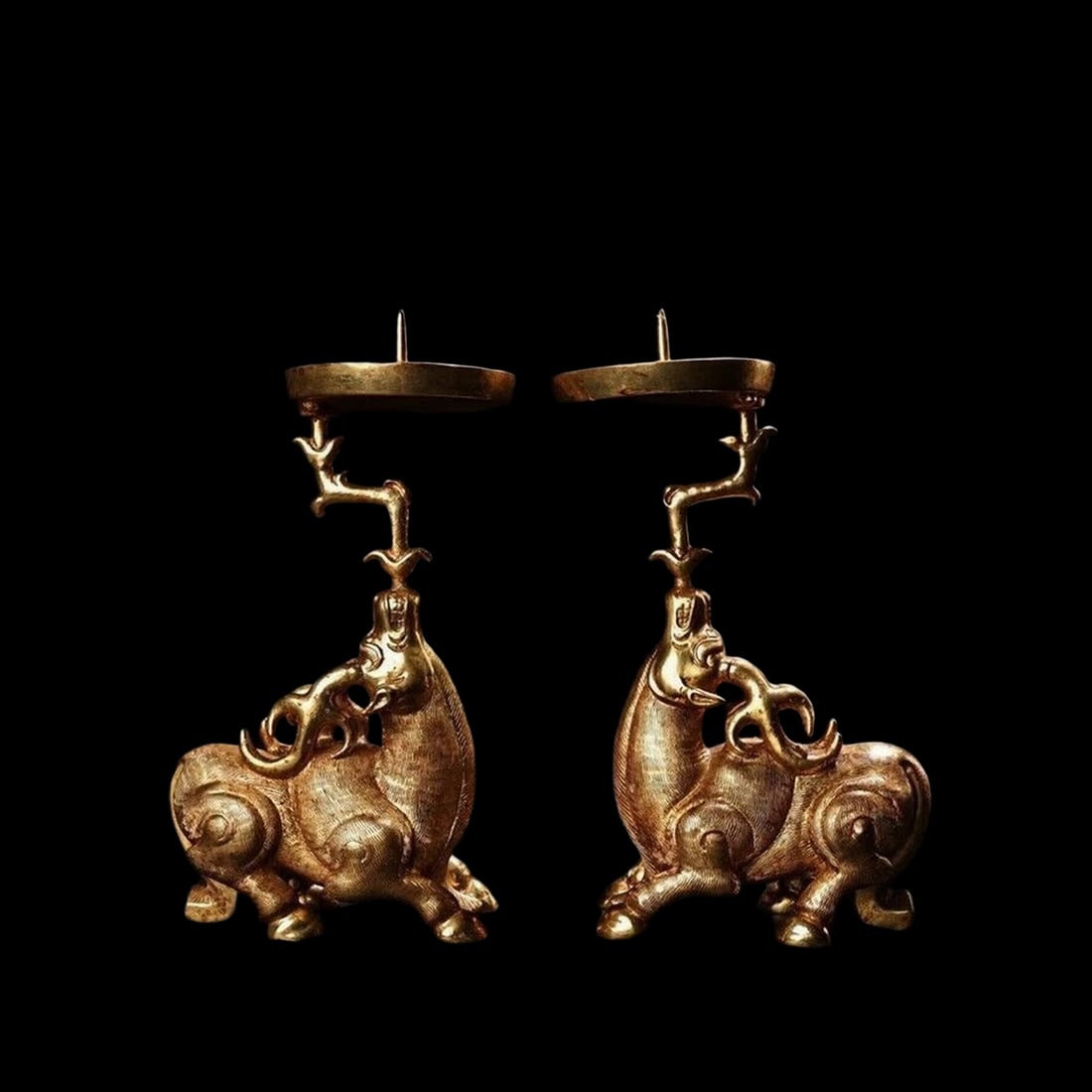 Retro Style Gilded Bronze Candlesticks Pair Deer: Size: Height 17 cm - Length 10 cm. Materials: Bronze, 24k gold gilt. Condition: Looks like vintage. This exquisite pair of candlesticks is expertly cast from bronze and covered in a luxurious