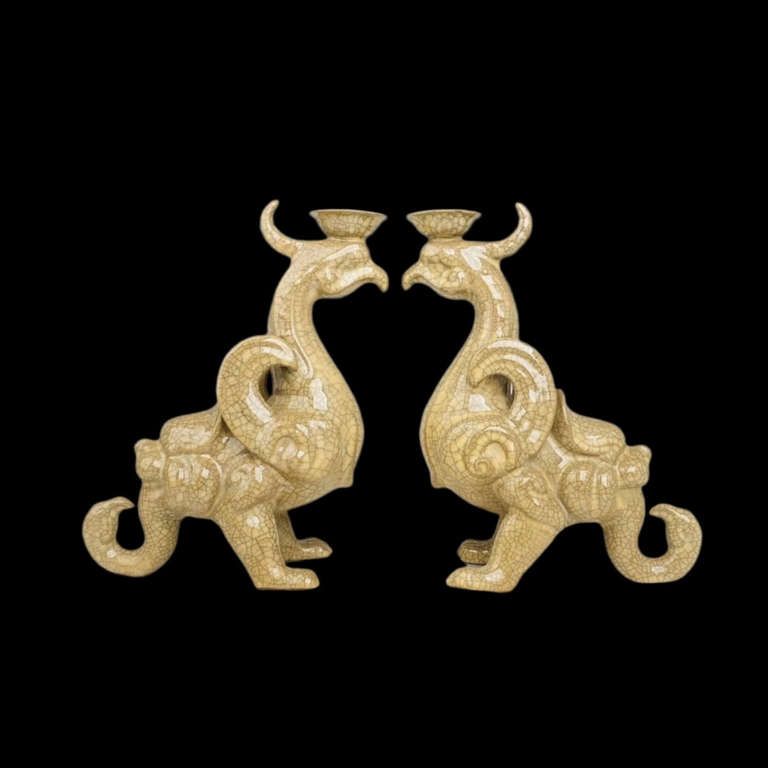 Antique Style Handwork Ge Kiln Candlestick Pair: Size: Height 26 cm - Diameter 18 cm. Materials: Porcelain. Condition: Appears to have a classic aesthetic. This pair of candlesticks is made in the prestigious style of the Ge kiln, one of the Five Gr