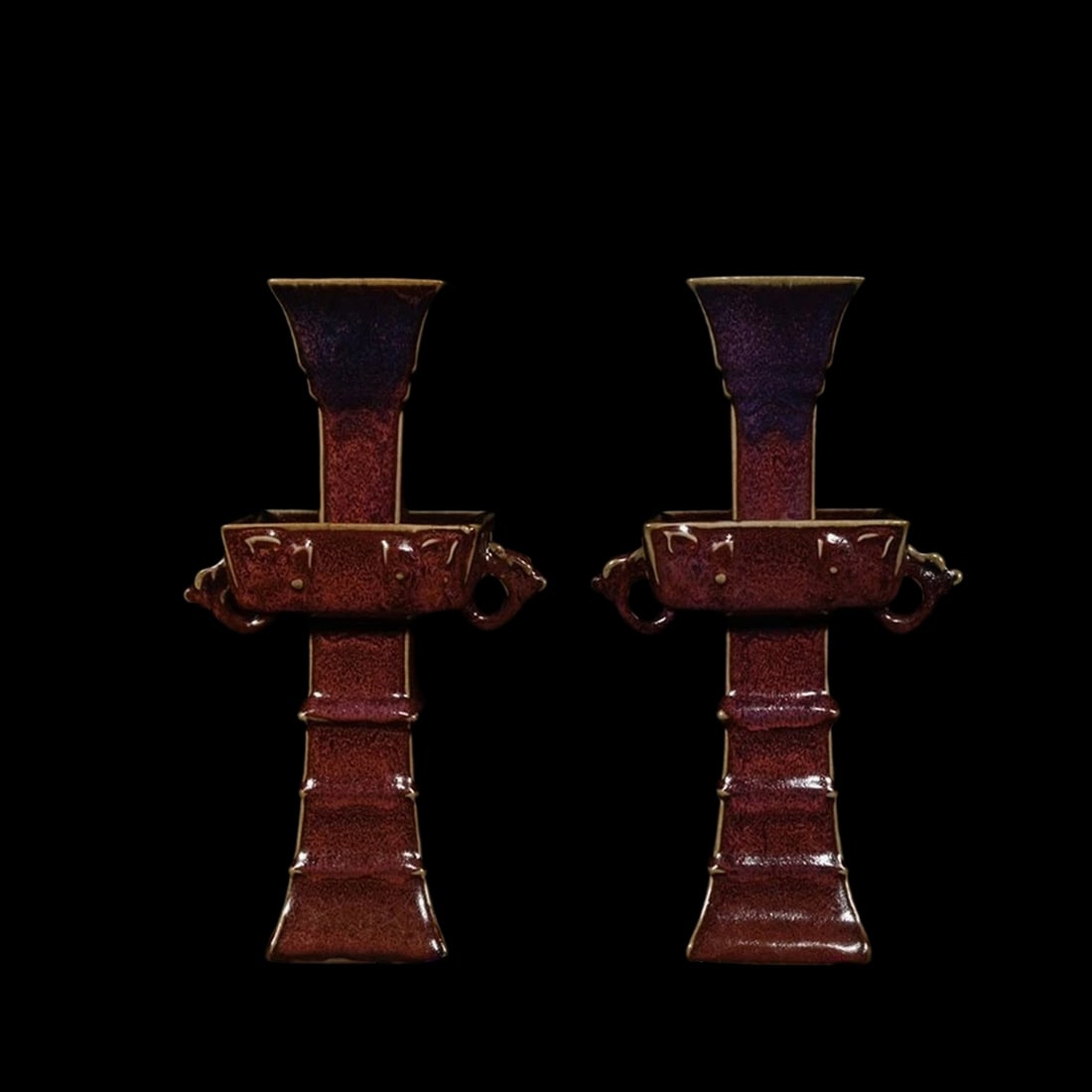 Handwork Jun Kiln Azure Style Candlestick Pair: Size: Height 26.5 cm - Length 14 cm. Weight 4.4 kg (Pair). Materials: Porcelain. Condition: Looks like vintage. This beautiful pair of vintage-style candlesticks is crafted in the legendary style of