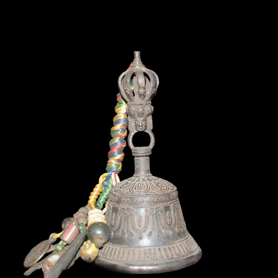 Antique Style Bronzed Buddha Mythic Ghanta Bell: Size: Height 28 cm - Length 9 cm - Width 9 cm. Weight 0.7 kg. Materials: Bronze. Condition: Excellent. This antique-style ritual vajra bell is an exquisite piece of Tibetan Buddhist temple ware, with
