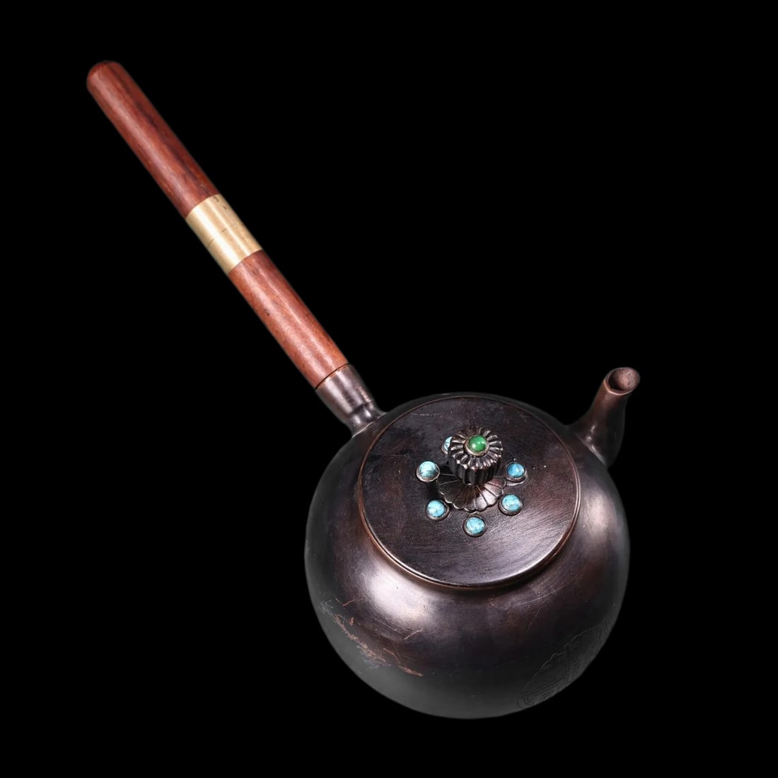 Vintage Bronze Cinnabar Mosaic Gem Kung Fu Teapot Kettle: Size: Height: 11 cm - Length: 18 cm - Width: 1 cm. Weight 0.9 kg. Materials: Bronze, cinnabar, gemstone Condition: Excellent This piece features intricate relief work with elaborate patterns covering