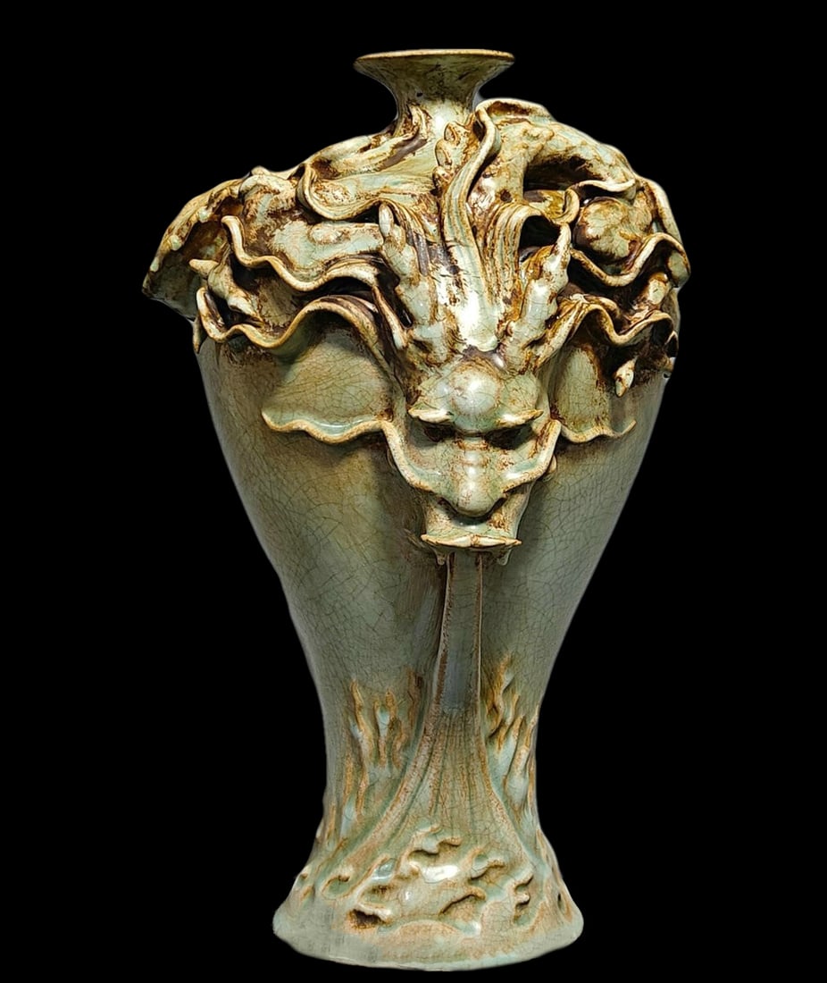 Vintage Style Ru Kiln Divine Essence Dragon Vase: Size: Height 35.6 cm - Length 17.3 cm - Width 17.3 cm. Weight 4.0 kg. Materials: Porcelain. Condition: Excellent. This majestic bottle vase is an example of Ru kiln art, featuring the iconic "sky blue