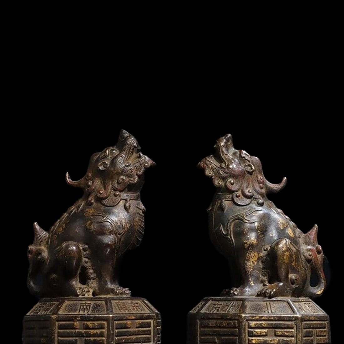 Asian Bronze Fu Foo Dog Lion Pixiu Statue Pair (1 of 9)