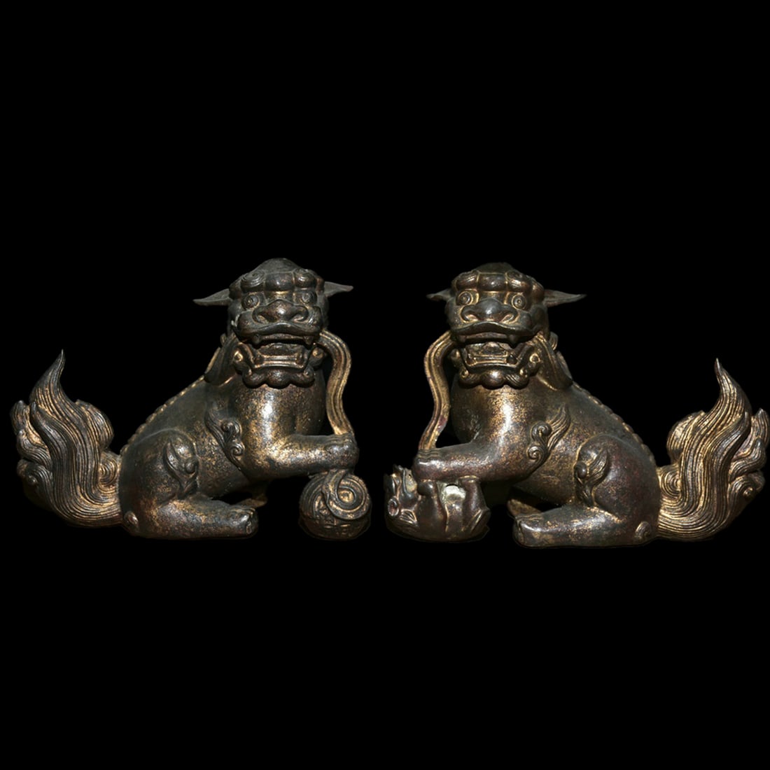 Asian Retro Style Bronze Dog Lion Statue Pair (1 of 11)
