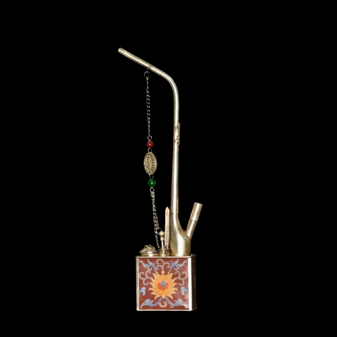 Asian Lotus Pattern Hookah Bag Smoking Pouch Tube: Size: Height 29 cm - Length 7.6 cm - Width 4.1 cm. Weight 0.8 kg. Materials: Bronze. Condition: Excellent. This rare and decorative smoking instrument case is a magnificent work of art, showcasing the