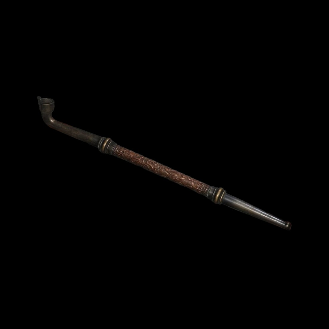 Asian Bronze Dragon Beast Motifs Smoking Pipe: Size: Height 36.5 cm - Length 3.5 cm - Width 1.5 cm. Weight 1.3 kg. Materials: Bronze. Condition: Excellent. This extraordinary and long tobacco pipe is a masterpiece of traditional Chinese bronze cas