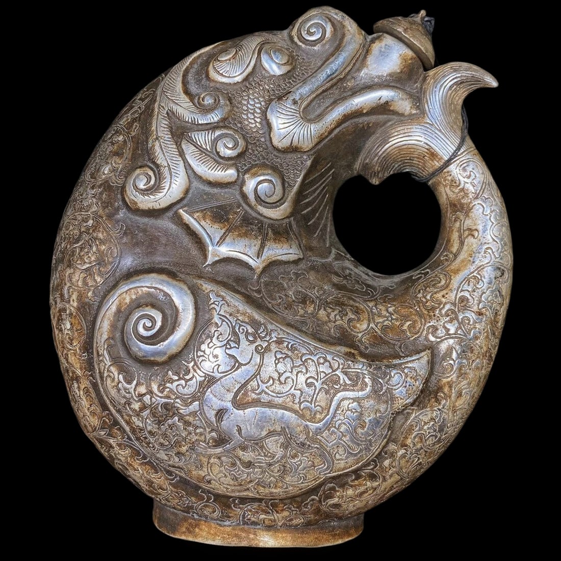 Vintage Bronze Silver Dragon Fish Sculpture Snuff Bottle (1 of 9)